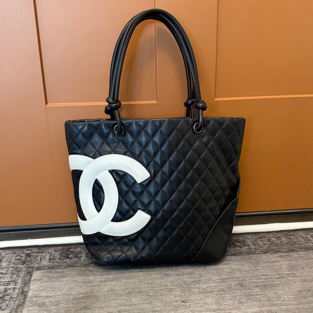 CHANEL Black Quilted Tote with White Logo